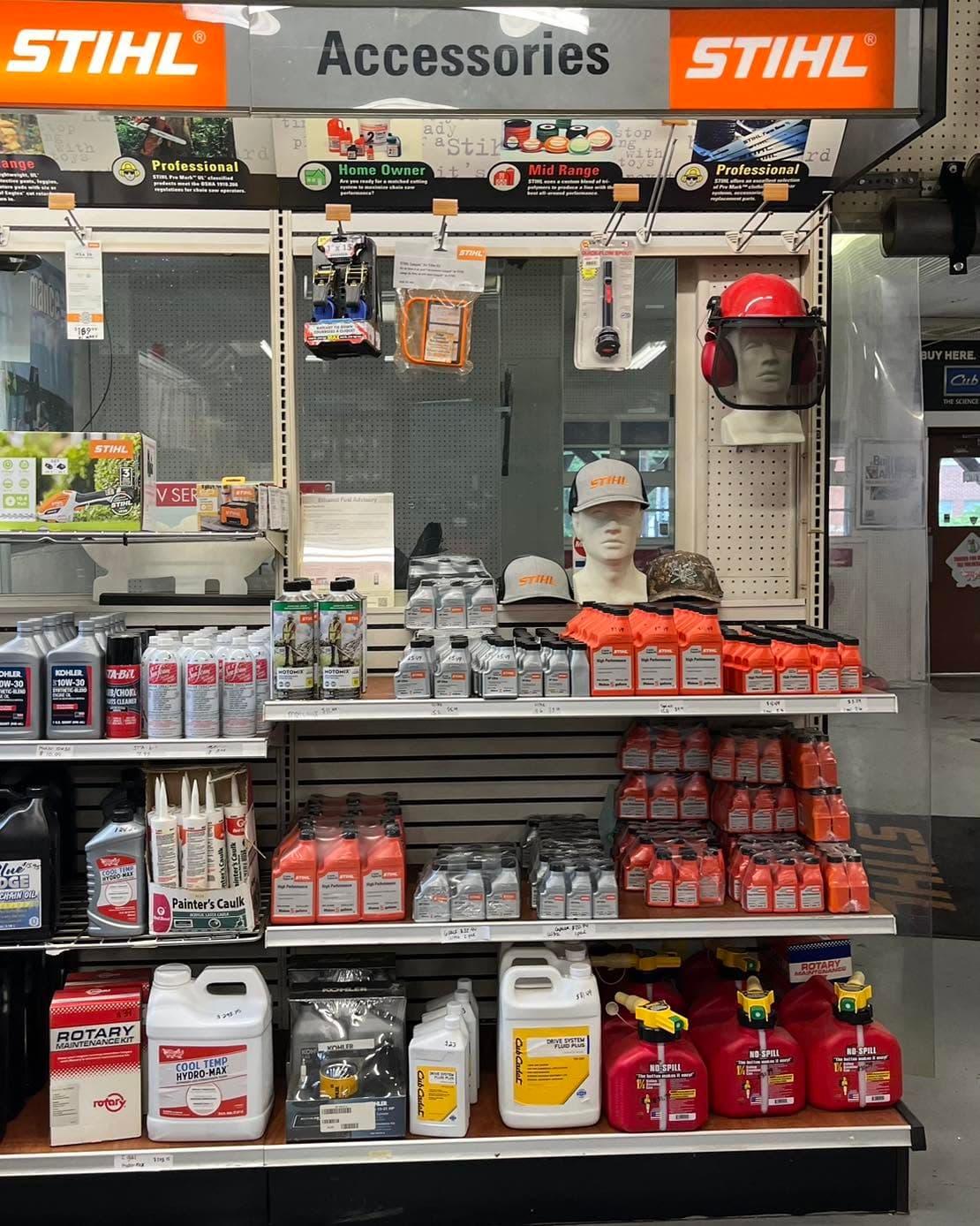 Stihl oils and accessories on the showroom shelves