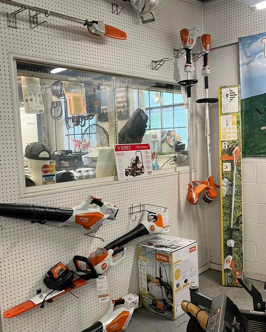 Stihl blowers and trimmers on display inside the shop