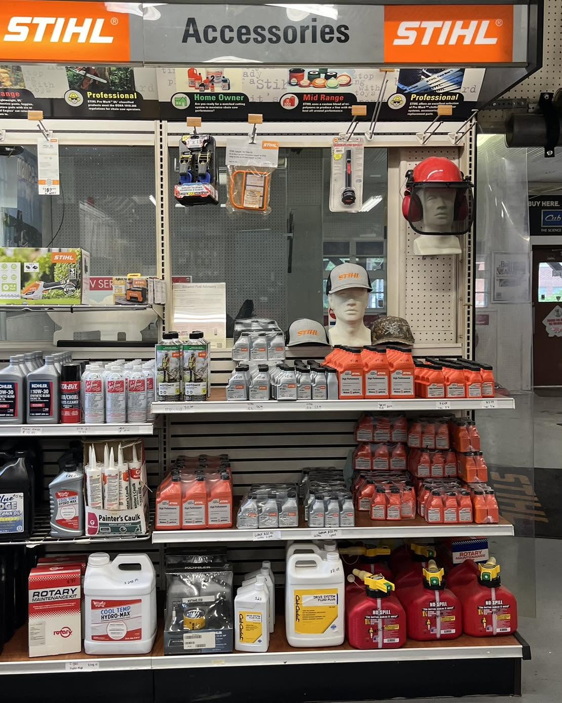 Stihl oils and accessories on the showroom shelves