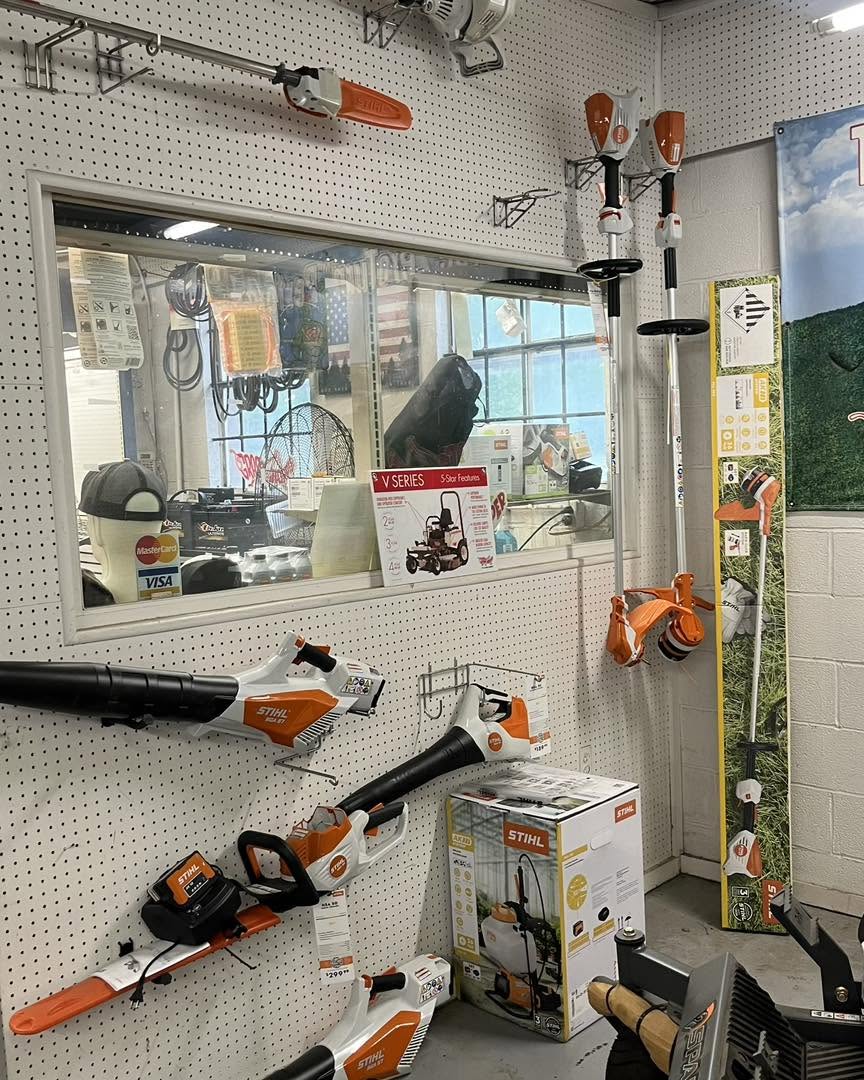 Stihl blowers and trimmers on display inside the shop